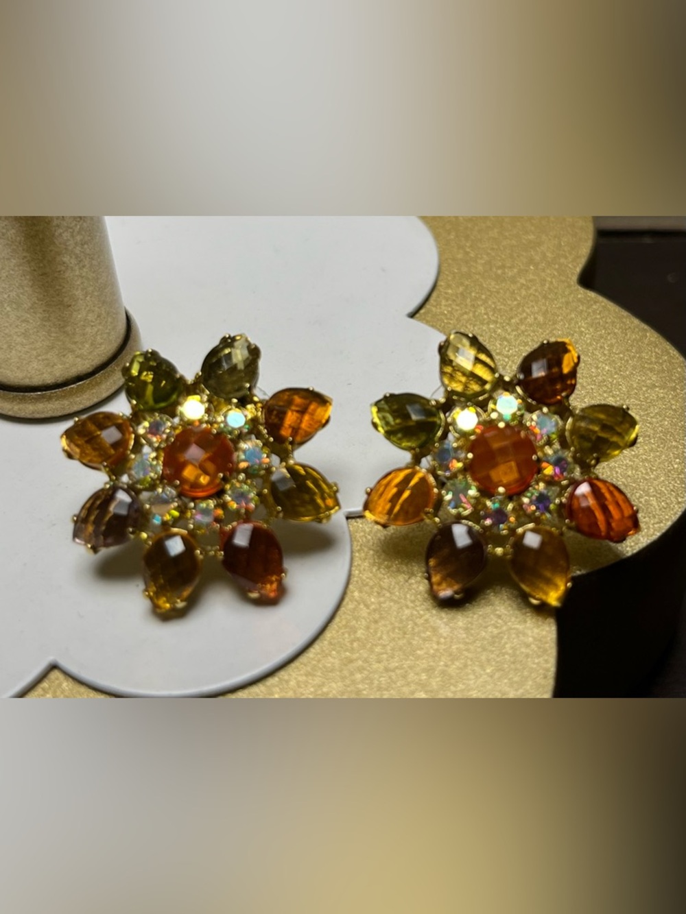 Joan Rivers Yellow Orange Amber Starburst Crystal Flower pierced earrings